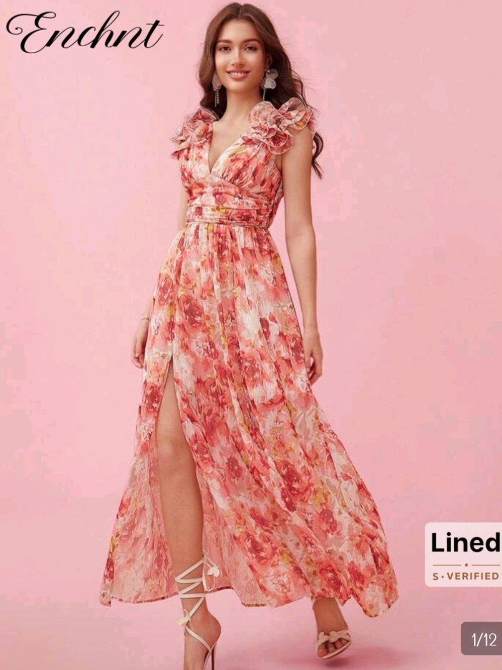 Pink Floral Maxi Dress with Ruffle Shoulders